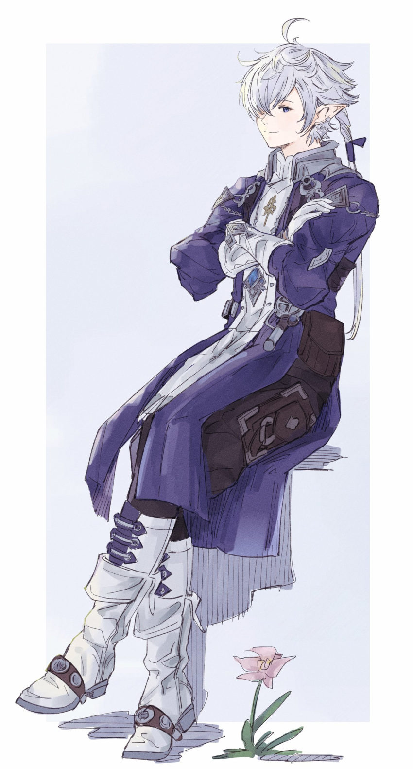 1boy absurdres ahoge alphinaud_leveilleur black_pants blue_background blue_coat blue_eyes boots border coat collared_shirt crossed_arms crossed_legs elbow_gloves elezen elf final_fantasy final_fantasy_xiv flower from_side full_body gloves hair_over_one_eye hair_ribbon highres hutaba_0718 knee_boots long_hair looking_at_viewer low_ponytail male_focus one_eye_covered outside_border pants pink_flower pointy_ears pouch ribbon shirt simple_background sitting smile solo swept_bangs white_border white_footwear white_gloves white_hair white_shirt