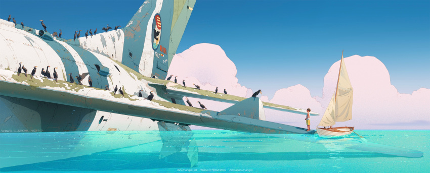aircraft airplane bird blue_sky boat clouds commentary cormorant english_commentary highres horizon looking_ahead oar original overgrown partially_submerged ruins sail sailboat scenery shorts sky sparkling_water spread_wings standing tank_top very_wide_shot water watercraft white_tank_top wide_shot wreckage xi_zhang yellow_shorts
