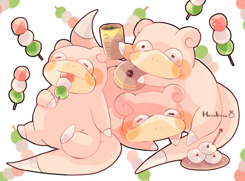 animal_focus artist_name colored_skin commentary_request cup dango eating food hanabusaoekaki highres holding holding_cup no_humans pink_skin pokemon pokemon_(creature) slowpoke tail wagashi white_background