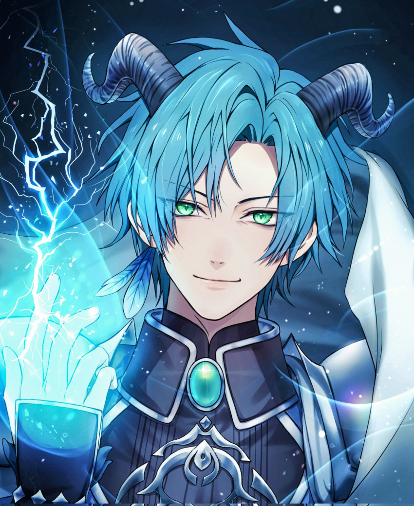 1boy armor blue_hair closed_mouth cryokinesis dark_background demon demon_horns english_commentary facing_viewer feather_hair_ornament feathers green_eyes hair_ornament hand_up highres holostars holostars_english horns light_blue_hair light_particles looking_at_viewer magic male_focus portrait regis_altare shin_diena short_hair slit_pupils smile solo virtual_youtuber