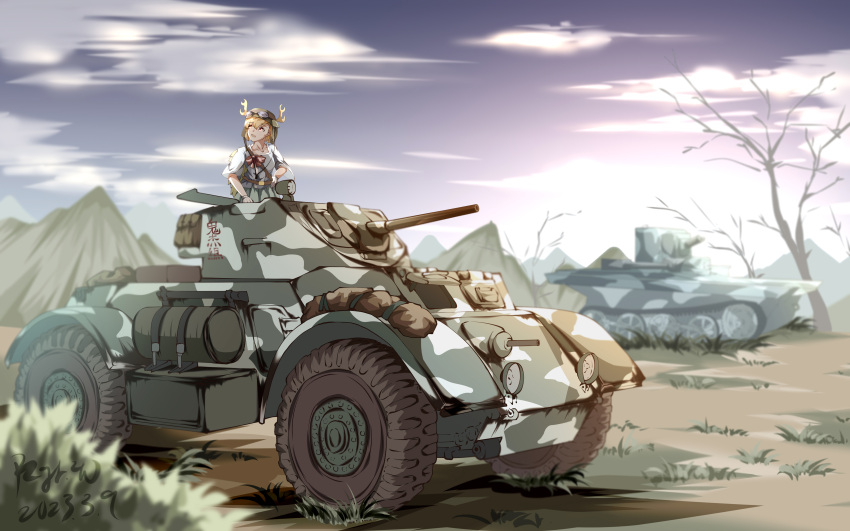 1girl absurdres bare_tree blonde_hair chinese_commentary clouds commentary_request dragon_horns full_body highres horns kicchou_yachie looking_up military_vehicle motor_vehicle outdoors pzgr.40 short_hair short_sleeves sky solo tank touhou tree wide_shot yellow_eyes