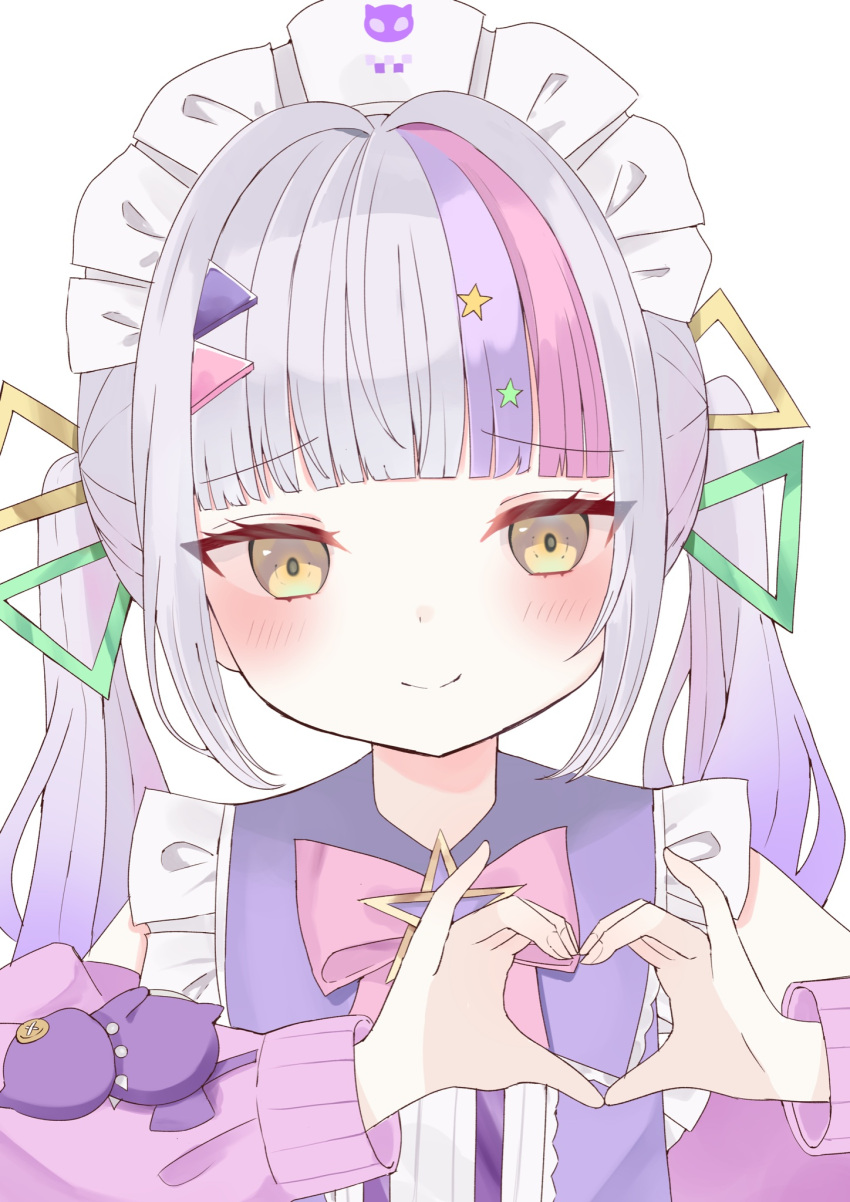 10_no_cut 1girl apron bow bowtie frills grey_hair hair_ornament heart heart_hands highres hololive looking_at_viewer multicolored_hair murasaki_shion murasaki_shion_(magical_girl_maid) official_alternate_costume pink_bow pink_bowtie pink_hair purple_hair solo star_(symbol) star_hair_ornament streaked_hair triangle_hair_ornament twintails virtual_youtuber white_apron yellow_eyes