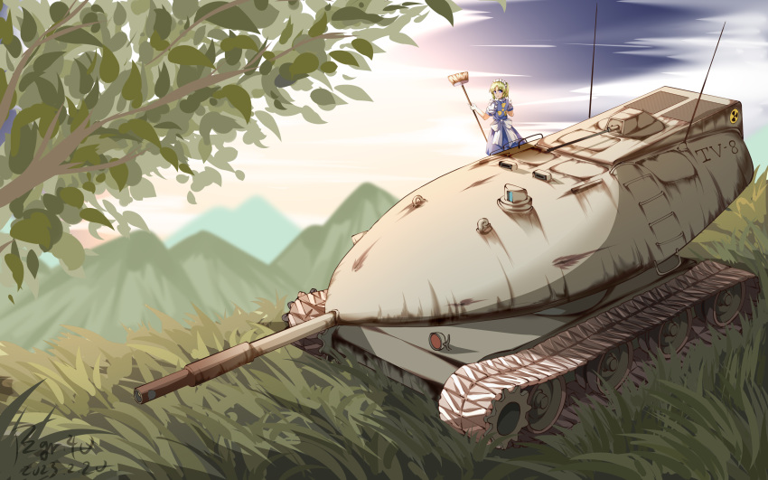1girl absurdres blue_dress branch broom caterpillar_tracks chinese_commentary chrysler_tv-8 clouds commentary_request dress full_body highres holding holding_broom maid_headdress military_vehicle motor_vehicle mountain outdoors pzgr.40 radiation_symbol ruukoto sky solo tank touhou touhou_(pc-98) variant_set wide_shot