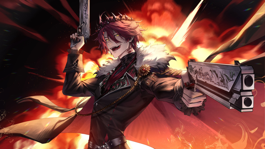 1boy churro_sama coat coat_on_shoulders crown dual_wielding earrings english_commentary explosion fire foreshortening frilled_sleeves frills fur-trimmed_coat fur_trim glowing glowing_eyes gun hair_between_eyes highres holding holding_gun holding_weapon holostars holostars_english jewelry jurard_t_rexford light_particles long_coat looking_at_viewer male_focus nail_polish open_mouth redhead sharp_teeth short_hair slit_pupils smile solo teeth tongue tongue_out virtual_youtuber weapon yellow_eyes