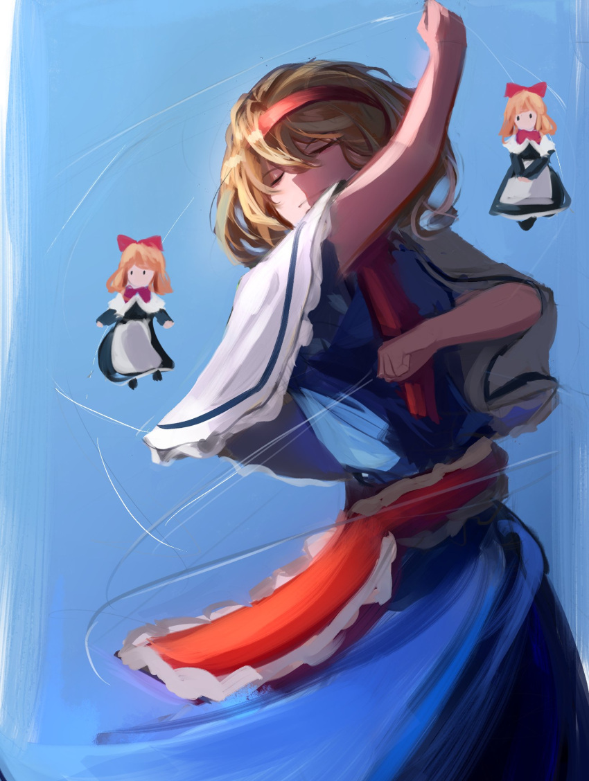 1girl alice_margatroid apron ascot blonde_hair blue_background blue_dress bow capelet closed_eyes dress flying hair_bow highres medium_hair puppet puppet_strings red_ascot red_bow redhead shanghai_doll standing touhou white_apron white_capelet yuhel