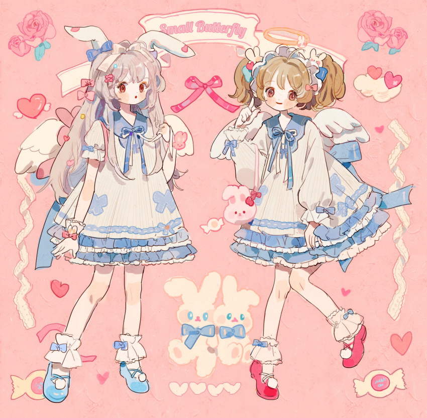 2girls :o ahoge angel angel_wings animal_bag animal_ears ankle_cuffs back_bow bag blue_bow blue_bowtie blue_footwear blue_sailor_collar blush_stickers bow bow_legwear bow_print bowtie brown_hair candy closed_mouth clouds collared_dress commentary cross-laced_footwear dress english_commentary english_text floppy_ears flower food frilled_dress frilled_sleeves frills full_body gloves grey_hair hair_bow hair_flower hair_ornament hairclip halo heart heart_hair_ornament highres lace-trimmed_gloves lace-trimmed_ribbon lace-trimmed_sleeves lace_trim long_hair long_sleeves mary_janes multiple_girls multiple_hair_bows open_mouth original pink_background pink_bag pink_bow pink_bracelet pink_eyes pink_flower pink_footwear pom_pom_(clothes) puffy_long_sleeves puffy_short_sleeves puffy_sleeves putong_xiao_gou rabbit_bag rabbit_ears rabbit_hair_ornament red_lips ribbon ribbon-trimmed_dress sailor_collar shoes short_dress short_sleeves sidelocks single_glove sleeve_bow smile socks straight_hair striped striped_dress stuffed_animal stuffed_rabbit stuffed_toy tote_bag twintails vertical-striped_dress vertical_stripes white_bow white_bowtie white_dress white_gloves white_headdress white_ribbon white_socks white_wings winged_heart wings wrist_bow yellow_halo