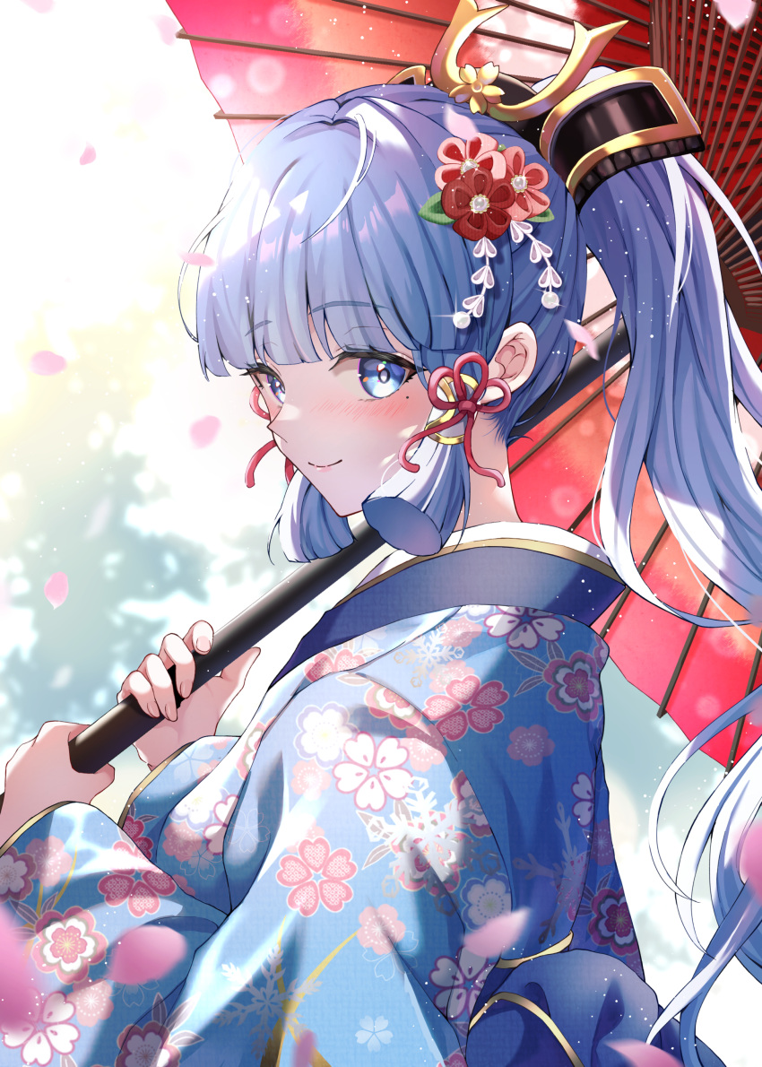 1girl absurdres alternate_costume blue_eyes blue_hair blue_kimono blunt_bangs blunt_tresses blurry blurry_background closed_mouth commentary falling_petals floral_print flower genshin_impact hair_flower hair_ornament highres holding holding_umbrella japanese_clothes kamisato_ayaka kimono light_blue_hair long_hair looking_at_viewer looking_to_the_side oil-paper_umbrella petals pink_flower ponytail print_kimono red_flower smile solo umbrella upper_body wanatsu_15 wide_sleeves