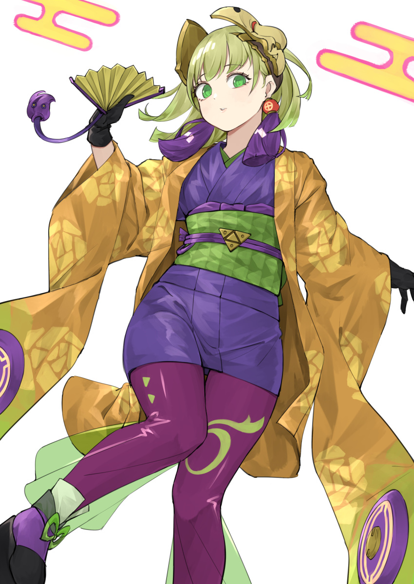 1other absurdres androgynous duel_monster ear_ornament earrings fake_horns gloves green_eyes green_hair hand_fan highres holding horns japanese_clothes jewelry kimono long_sleeves looking_at_viewer meshida_(lux-far-accelerator) noh-p.u.n.k._ze_amin pantyhose purple_pantyhose solo very_long_sleeves yu-gi-oh!