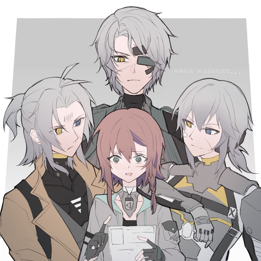 1boy 1girl @_@ antenna_hair arm_armor arm_on_shoulder bandaid bandaid_on_face black_gloves blue_eyes blush bodysuit border braided_sidelock brown_hair brown_jacket character_name chest_harness chinese_commentary commandant_(punishing:_gray_raven) commentary cyborg dog_tags drooling emblem english_text eyepatch fingerless_gloves gloves green_eyes grey_background grey_bodysuit grey_hair grey_jacket hair_between_eyes half_updo harness heterochromia highres holding holding_paper hood hood_down hooded_jacket index_finger_raised jacket lapels looking_ahead looking_at_another low_ponytail mechanical_parts medium_hair mouth_drool multiple_persona notched_lapels one_eye_covered outside_border paper parted_hair pilot_suit punishing:_gray_raven qinling_qiufeng scar scar_across_eye scar_on_face short_hair shoulder_plates shoulder_pouch waistcoat watanabe:_astral_(punishing:_gray_raven) watanabe:_epitaph_(punishing:_gray_raven) watanabe:_nightblade_(punishing:_gray_raven) watanabe_(punishing:_gray_raven) white_border yellow_eyes