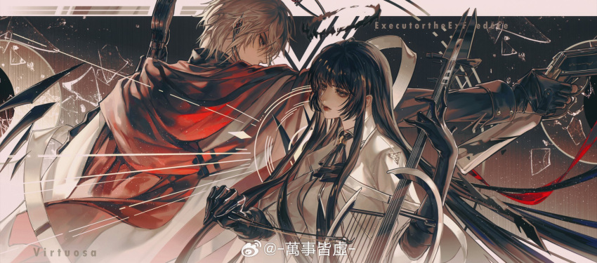 1boy 1girl antenna_hair arknights artist_name ascot belt belt_buckle black_ascot black_background black_bustier black_eyes black_gloves black_hair black_halo black_jacket black_wings blue_eyes blunt_bangs bow_(music) breasts bright_pupils broken broken_glass broken_halo buckle bustier buttons cello character_name chinese_commentary chinese_text circle cloak closed_mouth collared_jacket commentary_request cousins covered_mouth dark_halo detached_wings diffraction_spikes earpiece energy_wings executor_(arknights) executor_the_ex_foedere_(arknights) expressionless eyelashes finger_on_trigger fingerless_gloves from_behind from_side glass gloves grey_hair gun hair_between_eyes halo hand_up hands_up high_collar highres hime_cut holding holding_bow_(music) holding_instrument holding_violin holding_weapon instrument jacket layered_sleeves letterboxed lever_action light_brown_background light_particles lips lipstick long_hair long_sleeves looking_afar looking_ahead looking_to_the_side makeup mechanical_halo mechanical_wings medium_breasts messy_hair mole mole_under_eye multicolored_cloak music official_alternate_costume outside_border outstretched_arm outstretched_hand pale_skin playing playing_instrument profile red_cloak red_lips shattered short_hair short_over_long_sleeves short_sleeved_jacket short_sleeves shotgun sidelocks sleeve_cuffs two-tone_background two-tone_cloak upper_body very_long_hair violin virtuosa_(arknights) wanshi_jie_xu watermark weapon weibo_logo weibo_username white_belt white_cloak white_jacket white_pupils wide_sleeves wing_collar wings