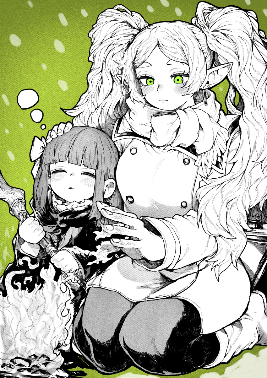 2girls absurdres blush closed_eyes commentary_request earrings elf fern_(sousou_no_frieren) fingernails fire frieren green_background green_eyes greyscale greyscale_with_colored_background highres holding holding_staff jewelry long_hair long_sleeves mage_staff monochrome multiple_girls pointy_ears scarf sitting sleeping snow sousou_no_frieren staff twintails wariza yotsumi_shiro