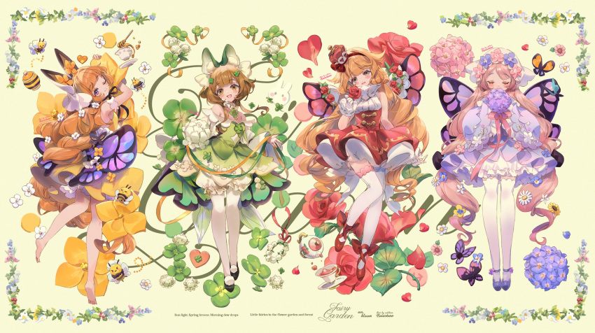 4girls :d ;) animal_ears ankle_bow ankle_lace-up ankle_strap aqua_eyes barefoot bee black_bow black_footwear black_ribbon bloomers blue_flower bow brown_hair bug butterfly butterfly_wings closed_eyes closed_mouth clover clover_(flower) clover_hair_ornament collar commentary crown cup curly_hair daisy detached_sleeves dress dress_flower english_commentary english_text facing_viewer flower flower_wreath four-leaf_clover frilled_collar frills full_body gloves green_dress green_ribbon hair_bow hair_flower hair_ornament hairband head_scarf high-waist_skirt highres holding holding_flower holding_ribbon honey honey_dipper honeypot hugging_object hydrangea insect_wings juliet_sleeves legs_together light_blush long_sleeves looking_at_viewer looking_back low_twintails low_wings mini_crown multiple_girls neck_ruff nemophila_(flower) off-shoulder_dress off_shoulder one_eye_closed orange_butterfly orange_hair orange_ribbon original oversized_flower pansy petticoat pink_butterfly pink_flower pink_hair pink_ribbon pom_pom_(clothes) puffy_sleeves purple_butterfly purple_dress purple_flower purple_footwear red_bow red_flower red_footwear red_hairband red_rose red_skirt ribbon ringlets rose saucer shirt shoes short_hair_with_long_locks short_sleeves sidelocks skirt sleeveless sleeveless_shirt sleeves_past_fingers sleeves_past_wrists smile swept_bangs tea teacup teapot thigh-highs twintails veil violet_eyes welchino white_flower white_gloves white_shirt white_thighhighs white_veil wide_sleeves wings wispy_bangs wrist_cuffs yellow_background yellow_dress yellow_eyes yellow_flower