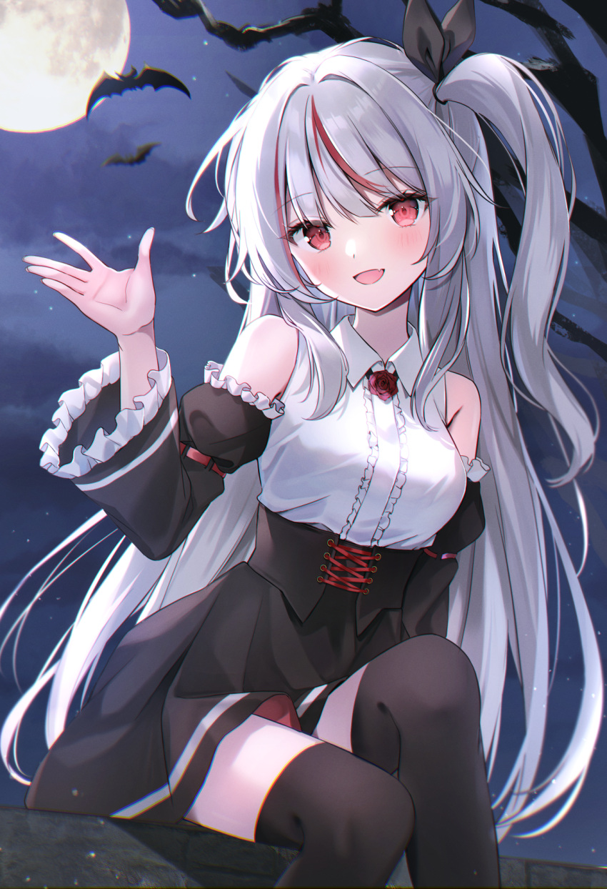 1girl bare_shoulders bat_(animal) black_ribbon black_skirt black_thighhighs blush breasts collared_shirt commentary_request commission detached_sleeves fang feet_out_of_frame grey_hair hair_ribbon hand_up high-waist_skirt highres long_hair looking_at_viewer medium_breasts moon multicolored_hair night night_sky open_mouth original outdoors pink_eyes redhead ribbon shirt side_ponytail sitting skeb_commission skin_fang skirt sky solo star_(sky) streaked_hair suzumori_(su2525) thigh-highs thighs white_shirt