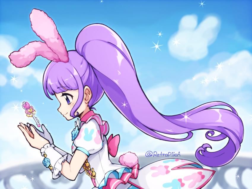 1girl animal_ears blue_sky blunt_bangs closed_mouth clouds coattails commentary_request day dress fake_animal_ears fake_tail from_side hands_up highres idol_clothes idol_land_pripara key long_hair manaka_non nana_(retroplica) outdoors ponytail pretty_(series) pripara profile puffy_short_sleeves puffy_sleeves purple_hair rabbit_ears rabbit_tail shaped_cloud short_sleeves sidelocks sky smile solo tail upper_body very_long_hair violet_eyes white_dress wrist_cuffs