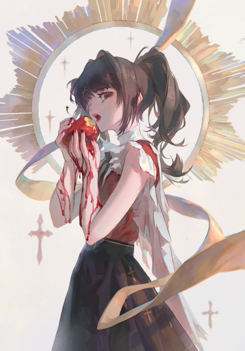 1girl ame-chan_(needy_girl_overdose) apple bitten_apple black_hair black_nails black_ribbon black_skirt blood blood_on_hands blunt_bangs collared_shirt cowboy_shot cross fang food food_bite from_side fruit grey_background hair_ornament halo hands_up highres holding holding_food holding_fruit long_hair looking_at_viewer multicolored_nails neck_ribbon needy_girl_overdose open_mouth pink_lips red_apple red_nails red_shirt ribbon shirt skirt solo songziqieyu348 sparkle standing twintails violet_eyes x_hair_ornament