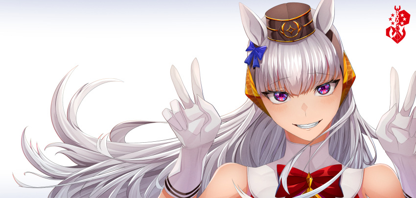 1girl amekudaki animal_ears bare_shoulders blush bow bowtie double_v ear_bow floating_hair gloves gold_ship_(umamusume) grey_hair grin hands_up hat head_tilt highres horse_ears long_hair looking_at_viewer pillbox_hat red_bow red_bowtie simple_background sleeveless smile solo turtleneck umamusume v very_long_hair violet_eyes white_background white_gloves