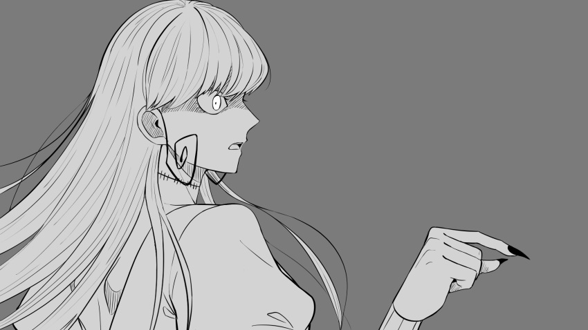 1girl black_nails fabricant_100 fabricant_number_100 greyscale highres long_hair mannma17 monochrome open_mouth pointing profile puffy_sleeves simple_background solo stitched_neck stitches