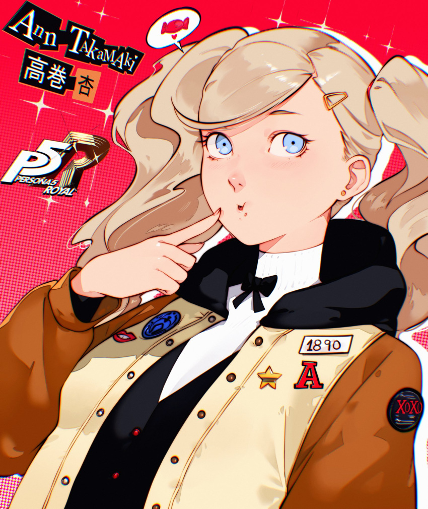 1girl blonde_hair blue_eyes buttons cesar_art456 character_name commentary copyright_name english_commentary fingernails food food_in_mouth food_on_face highres index_finger_raised jacket long_hair long_sleeves official_alternate_costume persona persona_5 persona_5_the_royal red_background school_uniform shuujin_academy_school_uniform solo takamaki_anne twintails