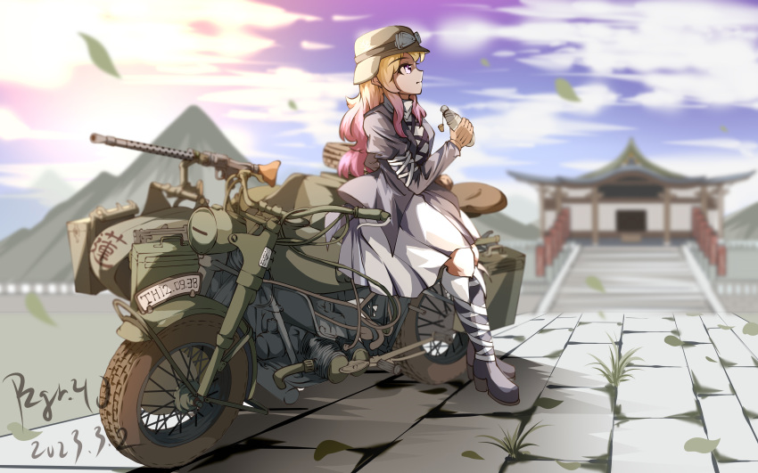 1girl absurdres black_dress black_footwear bmw_r75 brown_hair chinese_commentary closed_mouth clouds commentary_request dated dress from_side full_body gradient_hair highres hijiri_byakuren holding_gourd juliet_sleeves long_hair long_sleeves military motor_vehicle motorcycle mountain multicolored_hair outdoors puffy_sleeves purple_hair pzgr.40 shrine signature sky solo touhou variant_set white_dress yellow_eyes