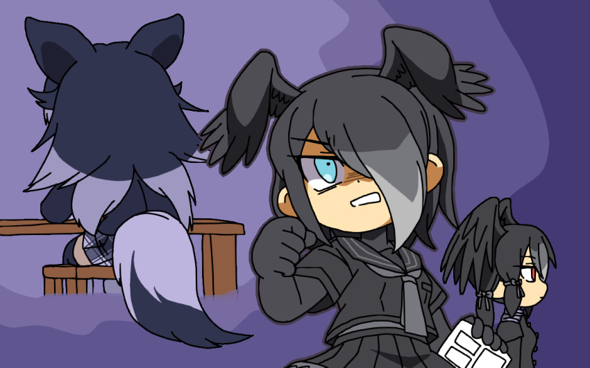 3girls angry animal_ears bird_wings black_hair blue_eyes chibi clenched_hand grey_hair grey_wolf_(kemono_friends) hair_over_one_eye head_wings holding jungle_crow_(kemono_friends) kemono_friends long_hair manga_(object) multicolored_hair multiple_girls partially_shaded_face red_eyes shirt sitting skirt srd_(srdsrd01) tail thigh-highs two-tone_hair v-shaped_eyebrows wings wolf_ears wolf_girl wolf_tail yatagarasu_(kemono_friends) zettai_ryouiki
