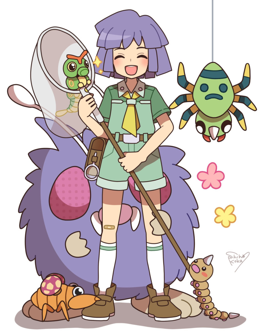 1boy :d ^_^ bandaid bandaid_on_leg brown_footwear bug bugsy_(pokemon) butterfly_net caterpie closed_eyes commentary_request green_shirt hand_net highres kokashiho open_mouth paras pokemon pokemon_(creature) pokemon_(game) pokemon_hgss pouch purple_hair shirt shoes short_hair simple_background smile socks spider spinarak standing string teeth upper_teeth_only venonat weedle white_background white_socks