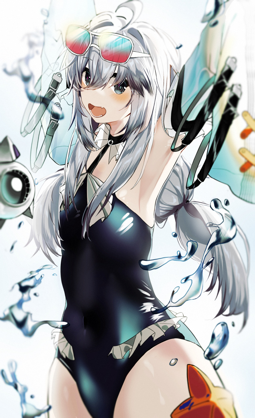 1girl ahoge arms_up black_choker black_one-piece_swimsuit choker detached_sleeves eyewear_on_head fang frilled_choker frilled_one-piece_swimsuit frills grey_eyes grey_hair hair_between_eyes happy highres long_hair lower_teeth_only no.21:_xxi_(solar_frost)_(punishing:_gray_raven) no.21_(punishing:_gray_raven) one-piece_swimsuit open_mouth punishing:_gray_raven sidelocks skin_fang sleeves_past_fingers sleeves_past_wrists solo starfish sunglasses swimsuit teeth twintails very_long_hair white_sleeves