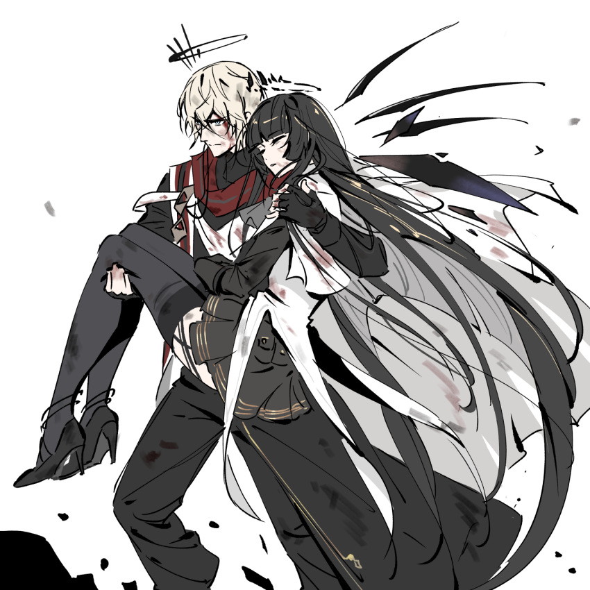 1boy 1girl absurdly_long_hair arknights ascot black_coat black_footwear black_garter_straps black_gloves black_hair black_halo black_pants black_skirt black_sleeves black_thighhighs black_wings bleeding bleeding_from_forehead blood blood_on_clothes blood_on_face blood_on_hands blue_eyes blunt_bangs broken_halo cargo_pants carrying carrying_person cloak closed_eyes closed_mouth coat collared_coat collared_jacket colored_inner_hair commentary_request cousins dark_halo detached_wings doctahmem dot_nose energy_wings executor_(arknights) executor_the_ex_foedere_(arknights) facing_ahead feet_out_of_frame fingerless_gloves floating_hair from_side full_body garter_straps gloves grey_ascot grey_hair hair_between_eyes halo hand_on_another's_leg hand_on_another's_shoulder hand_on_another's_thigh high_collar high_heels highres hime_cut injury jacket korean_commentary layered_sleeves long_hair long_sleeves looking_afar looking_ahead mechanical_halo mechanical_wings messy_hair miniskirt multicolored_cloak multicolored_hair official_alternate_costume pale_skin pants parted_lips pleated_skirt princess_carry red_cloak serious short_hair short_over_long_sleeves short_sleeved_jacket short_sleeves sidelocks simple_background skirt sleeve_cuffs standing strappy_heels teeth thigh-highs two-tone_cloak two-tone_hair unconscious very_long_hair virtuosa_(arknights) walking white_background white_cloak white_jacket wide_sleeves wings zettai_ryouiki