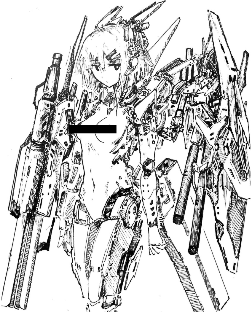 1girl absurdres bar_censor breasts cannon censored character_request copyright_request hair_ornament hairclip headgear highres joints mechanical_arms mechanical_legs mechanical_wings medium_hair monochrome navel robot_joints shiokaze1409 sidelocks small_breasts solo wings