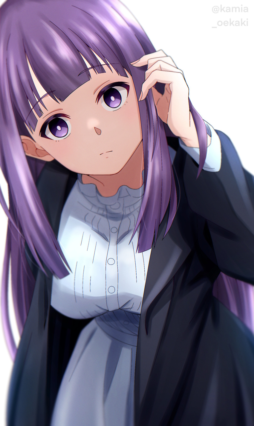 1girl absurdres artist_name black_robe blunt_bangs breasts closed_mouth commentary cowboy_shot dress facing_viewer fern_(sousou_no_frieren) hand_in_own_hair hand_up head_tilt highres kamia_oekaki large_breasts leaning_forward long_hair long_sleeves purple_hair robe simple_background solo sousou_no_frieren straight_hair violet_eyes white_background white_dress