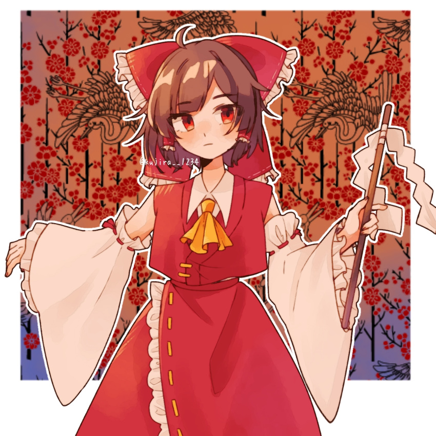 1girl artist_name ascot bare_shoulders blush border bow brown_eyes brown_hair closed_mouth collared_shirt cowboy_shot detached_sleeves frilled_bow frilled_hair_tubes frilled_shirt_collar frills gohei hair_bow hair_tubes hakurei_reimu highres holding holding_gohei kujlra_1234 long_hair long_sleeves looking_at_viewer ofuda red_bow red_eyes red_ribbon red_shirt red_skirt ribbon ribbon-trimmed_sleeves ribbon_trim shirt short_hair sidelocks skirt skirt_set sleeveless sleeveless_shirt smile solo touhou white_border wide_sleeves yellow_ascot