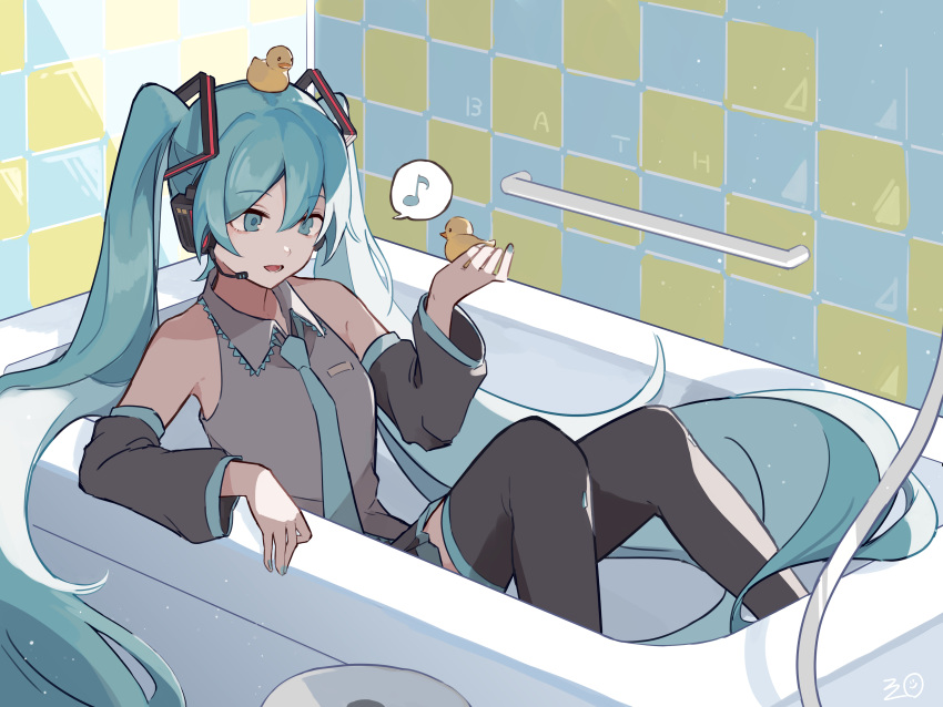 1girl absurdres aqua_eyes aqua_hair aqua_nails aqua_necktie bare_shoulders bath bathtub black_sleeves black_thighhighs collared_shirt commentary detached_sleeves grey_shirt hair_between_eyes hand_up hatsune_miku headphones highres indoors long_hair long_sleeves looking_at_object mikuni144 musical_note necktie open_mouth rubber_duck shirt sitting sleeveless sleeveless_shirt smile solo spoken_musical_note symbol-only_commentary thigh-highs twintails very_long_hair vocaloid