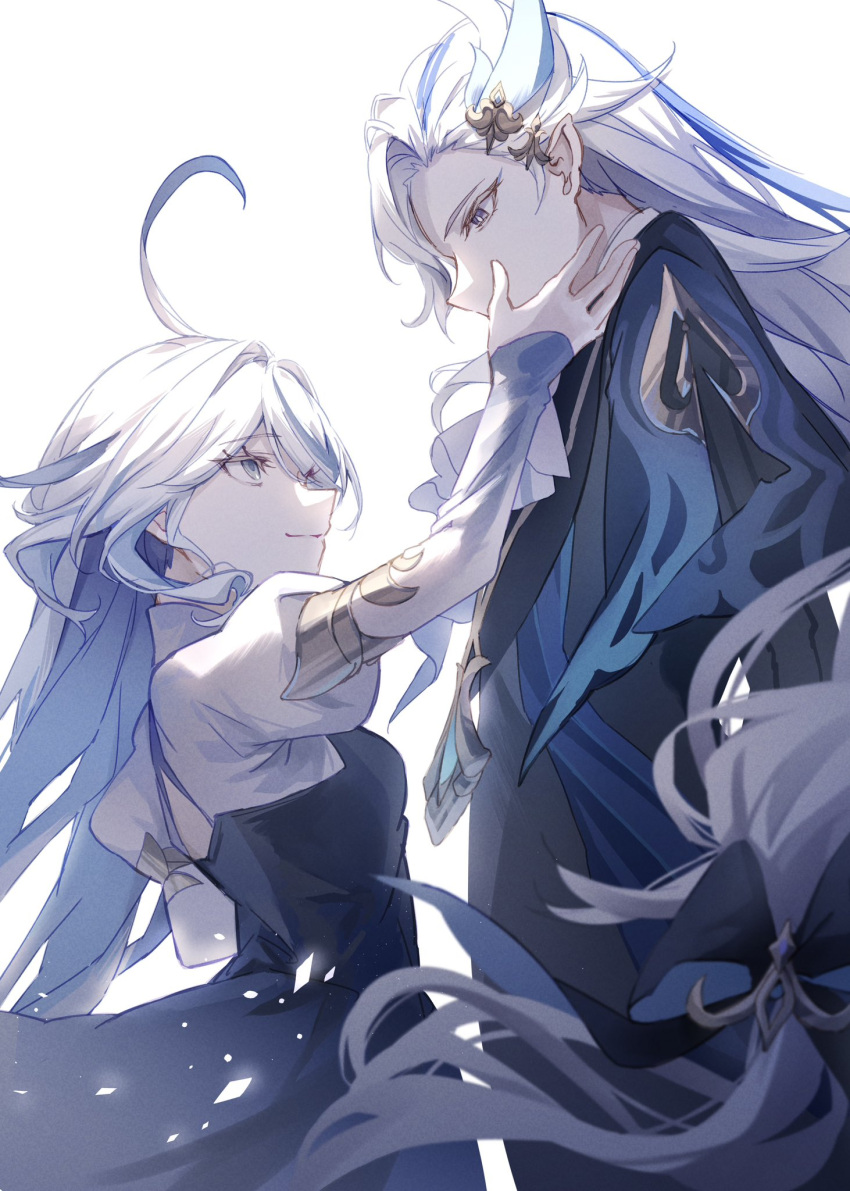 1boy 1girl ahoge ascot blue_eyes blue_hair closed_mouth focalors_(genshin_impact) genshin_impact grey_hair hair_between_eyes hand_on_another's_cheek hand_on_another's_face haru_same322 highres light_blue_hair long_hair looking_at_another looking_up multicolored_hair neuvillette_(genshin_impact) sidelocks simple_background smile spoilers streaked_hair two-tone_hair upper_body violet_eyes white_ascot white_background