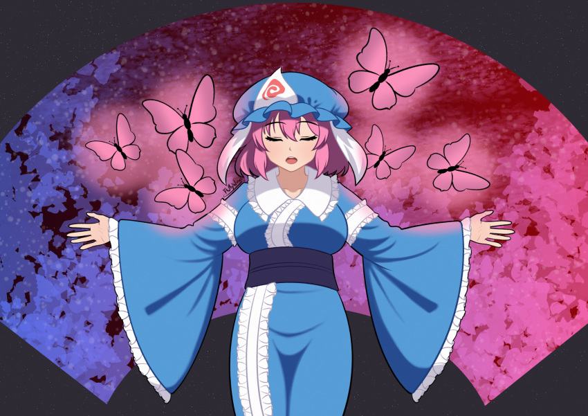 1girl black_background blue_headwear blue_kimono bug butterfly closed_eyes commentary facing_viewer fluffywings frilled_kimono frills hat highres japanese_clothes kimono long_sleeves mob_cap open_mouth pink_hair saigyouji_yuyuko saigyouji_yuyuko's_fan_design sash short_hair signature simple_background solo teeth touhou triangular_headpiece upper_teeth_only wide_sleeves