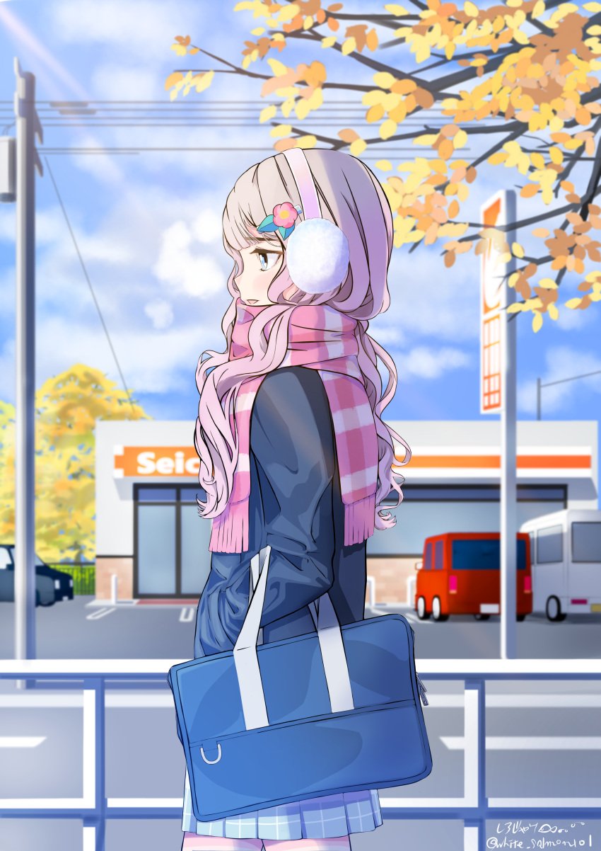 1girl absurdres autumn autumn_leaves bag blonde_hair blue_bag blue_eyes blue_jacket blue_skirt breath car checkered_clothes checkered_skirt clouds cloudy_sky cowboy_shot day earmuffs enpera flower from_side hair_flower hair_ornament hands_in_pockets highres jacket long_hair motor_vehicle open_mouth original outdoors pink_flower pink_scarf pleated_skirt profile railing road scarf school_bag school_uniform shiroziyake_o skirt sky smile solo striped striped_scarf transmission_tower tree van