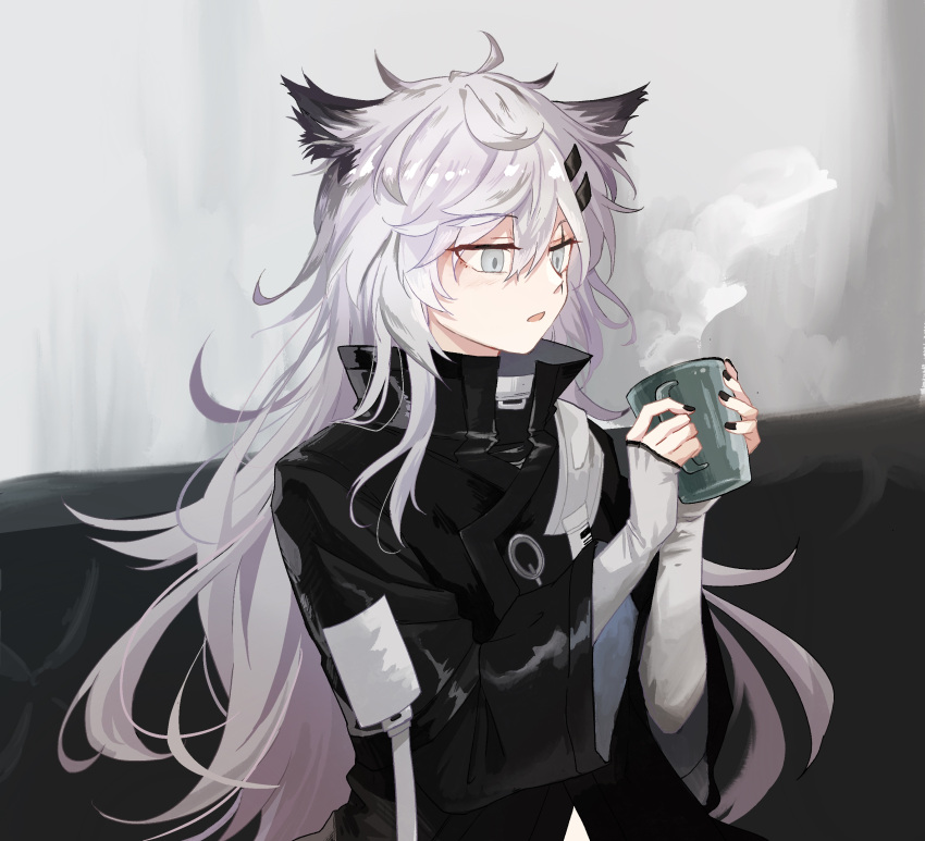 1girl absurdres ahoge animal_ear_fluff animal_ears arknights black_jacket black_nails collared_jacket commentary_request couch cup drink elbow_gloves fingerless_gloves fingernails from_side gloves grey_eyes grey_hair hair_between_eyes hair_ornament hairclip hands_up high_collar highres holding holding_cup holding_drink hot_drink indoors itonatsu jacket lappland_(arknights) layered_sleeves light_blush long_hair long_sleeves looking_at_object messy_hair mug nail_polish on_couch open_mouth pale_skin scar scar_across_eye scar_on_face shadow short_over_long_sleeves short_sleeves sitting solo steam upper_body wall wallpaper_(object) white_background white_gloves wide_sleeves wolf_ears wolf_girl