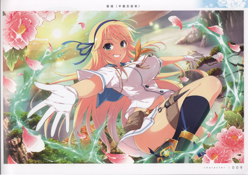 1girl absurdres belt_pouch blonde_hair branch breasts day flower gloves green_eyes hairband highres katsuragi_(senran_kagura) kunai leg_up long_hair looking_at_viewer medium_breasts official_art outdoors outstretched_arms page_number parted_lips petals pouch scan school_uniform senran_kagura senran_kagura_new_link simple_background skirt smile socks solo spread_arms thigh_strap thighs weapon yaegashi_nan