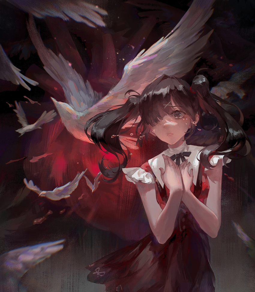 1girl absurdres ame-chan_(needy_girl_overdose) bird black_hair black_nails black_ribbon black_skirt chinese_commentary collared_shirt commentary_request crying crying_with_eyes_open hair_ornament hair_over_one_eye hair_tie hands_on_own_chest hands_up highres long_hair multicolored_nails neck_ribbon needy_girl_overdose parted_lips red_nails red_shirt ribbon shirt shirt_tucked_in skirt solo songziqieyu348 suspender_skirt suspenders teardrop tears twintails x_hair_ornament
