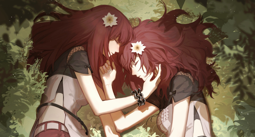2girls bare_arms belt black_dress blush breasts chinese_commentary closed_eyes commentary devola dress fishnet_cutout flower from_above from_side hair_flower hair_ornament hand_on_another's_cheek hand_on_another's_face heads_together highres long_hair lying multiple_girls nier:automata nier_(series) nose_blush on_grass on_side pants plant popola profile red_pants redhead scrunchie short_sleeves shuangtang_shuimu siblings side_slit sisters sleeping small_breasts straight_hair twins two-tone_dress upper_body white_belt white_dress wrist_scrunchie yellow_flower