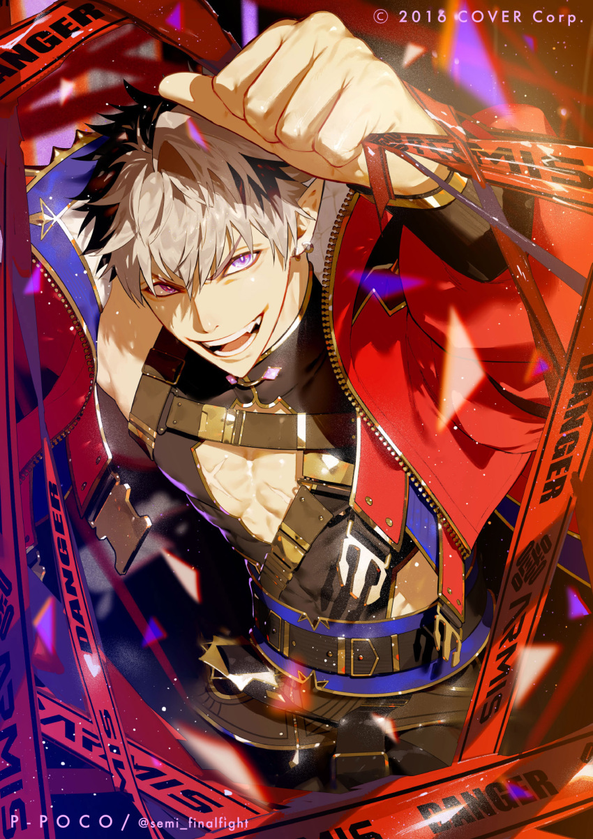 1boy artist_name belt cleavage_cutout clothing_cutout coat copyright_name crimzon_ruze earrings evil_grin evil_smile fangs grey_hair grin hair_between_eyes high_collar highres holostars holostars_english jewelry light_particles looking_at_viewer looking_up male_focus multicolored_hair multiple_belts muscular muscular_male open_clothes open_coat open_mouth pectorals pointy_ears red_coat semi_(p-poco) smile solo standing teeth twitter_username two-tone_hair violet_eyes virtual_youtuber