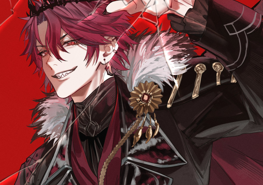 1boy arm_up coat crack cracked_glass crown earrings fur-trimmed_coat fur_trim hair_between_eyes highres holoarmis holostars holostars_english isal_(lasi) jewelry jurard_t_rexford looking_at_viewer male_focus open_clothes open_coat red_background red_eyes redhead sharp_teeth short_hair slit_pupils smile solo teeth upper_body virtual_youtuber