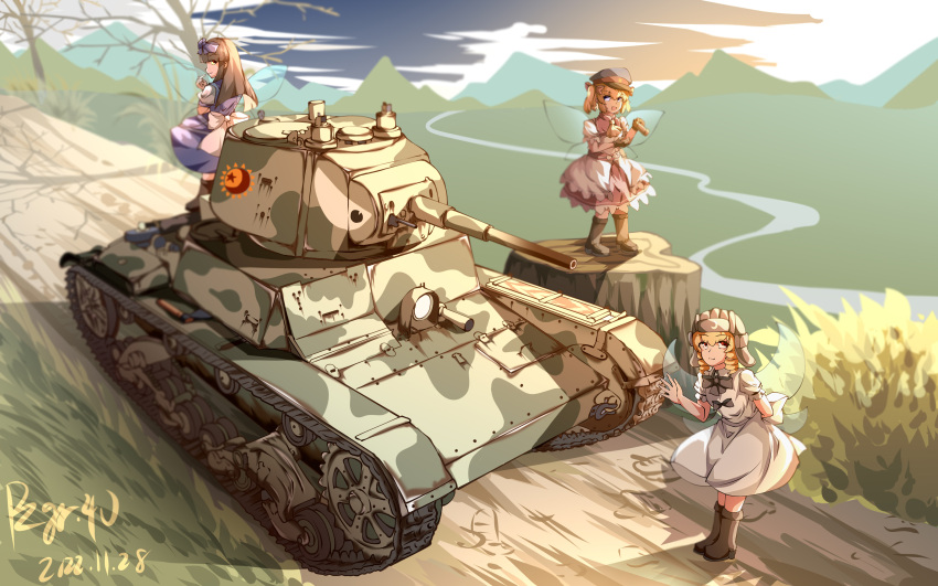 3girls absurdres blonde_hair blue_bow blue_dress bow brown_hair caterpillar_tracks chinese_commentary closed_mouth clouds commentary_request dated dress full_body hair_bow highres long_hair looking_at_viewer luna_child military military_vehicle motor_vehicle mountainous_horizon multiple_girls orange_hair outdoors pzgr.40 river signature sky star_sapphire sunny_milk t-26 tank touhou two_side_up white_dress wings yellow_eyes