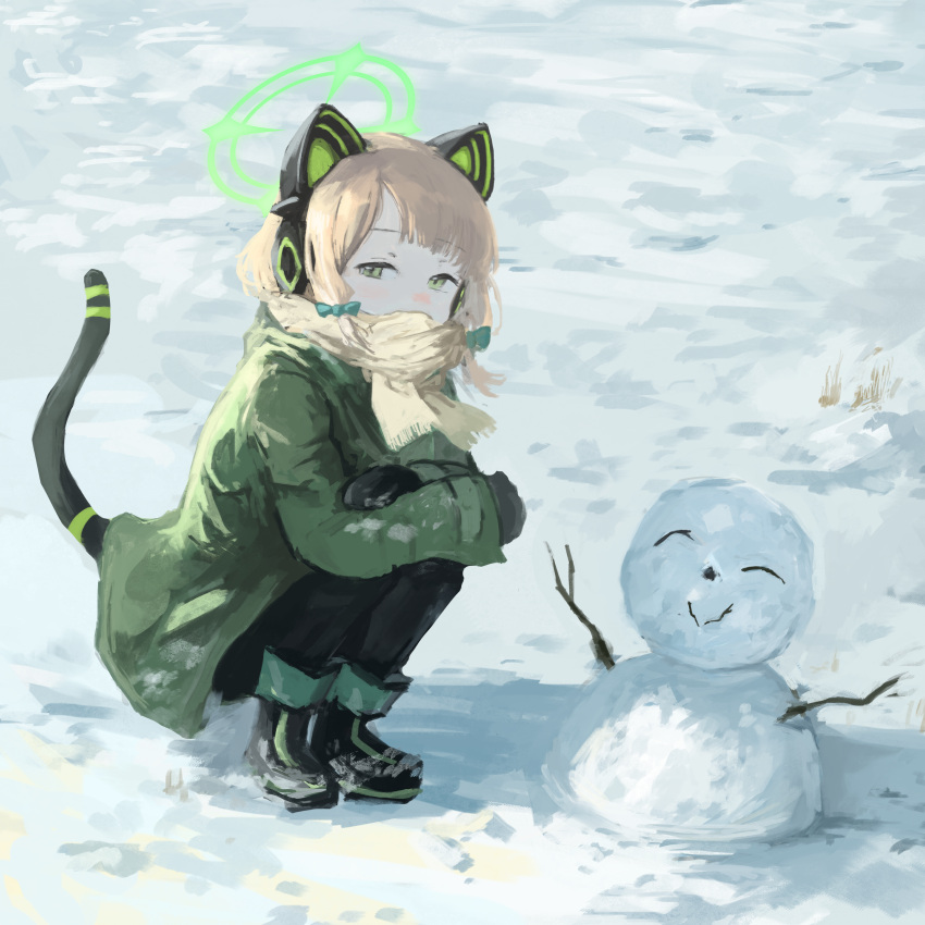 1girl absurdres animal_ear_headphones animal_ears arona's_sensei_doodle_(blue_archive) black_footwear black_mittens black_pantyhose blonde_hair blue_archive blue_bow boots bow cat_tail coat fake_animal_ears fringe_trim green_coat green_eyes green_halo hair_bow halo headphones highres k6tetsu long_sleeves looking_at_viewer midori_(blue_archive) mittens outdoors pantyhose scarf sensei_(blue_archive) short_hair snow snowman solo squatting tail yellow_scarf