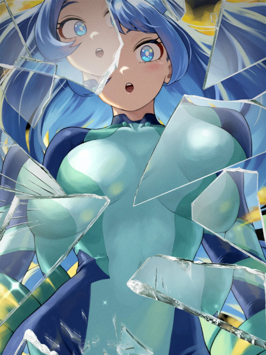 1girl :o blonde_hair blue_bodysuit blue_eyes blue_hair blush bodysuit boku_no_hero_academia breasts broken_glass covered_navel drill_hair fengling_(furin-jp) glass glass_shards green_bodysuit hadou_nejire highres long_hair looking_at_viewer medium_breasts open_mouth solo teeth twin_drills two-tone_bodysuit upper_teeth_only
