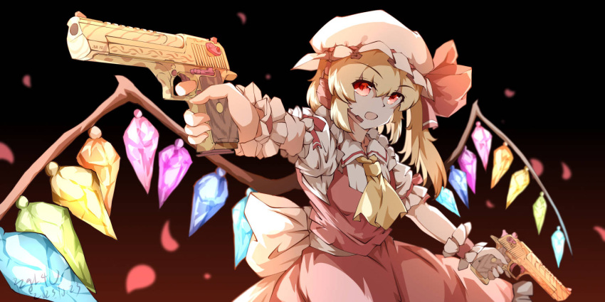 1girl ascot blonde_hair chinese_commentary commentary_request crystal dated desert_eagle dual_wielding falling_petals flandre_scarlet gun handgun hat hat_ribbon headset holding holding_gun holding_weapon looking_at_viewer microphone mob_cap multicolored_wings one_side_up open_mouth petals puffy_short_sleeves puffy_sleeves pzgr.40 red_eyes red_skirt red_vest ribbon short_hair short_sleeves side_ponytail signature skirt skirt_set solo touhou vest weapon white_headwear wings yellow_ascot