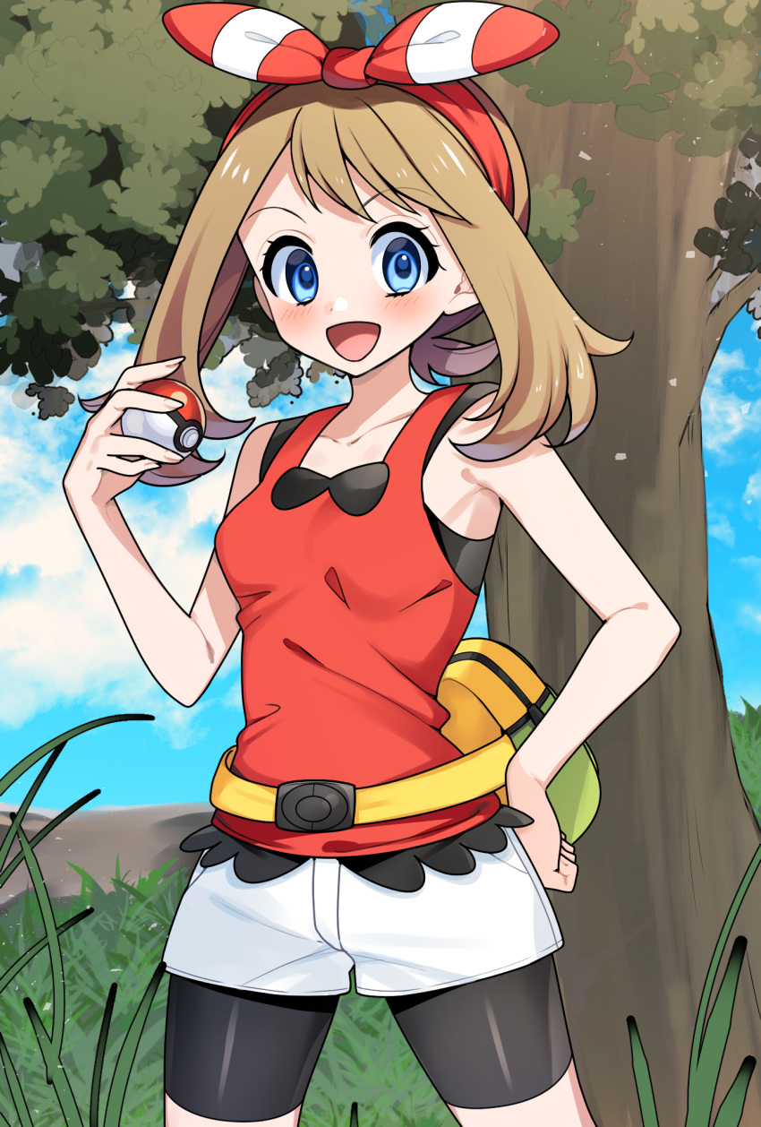 1girl :d bike_shorts bike_shorts_under_shorts blue_eyes blush bow_hairband breasts clouds collarbone commentary cowboy_shot day eyelashes fanny_pack grass hairband hand_on_own_hip highres holding holding_poke_ball looking_at_viewer may_(pokemon) open_mouth outdoors poke_ball poke_ball_(basic) pokemon pokemon_(game) pokemon_oras red_hairband red_shirt shirt short_shorts shorts sky sleeveless sleeveless_shirt smile solo tongue tree white_shorts yellow_bag yuihico