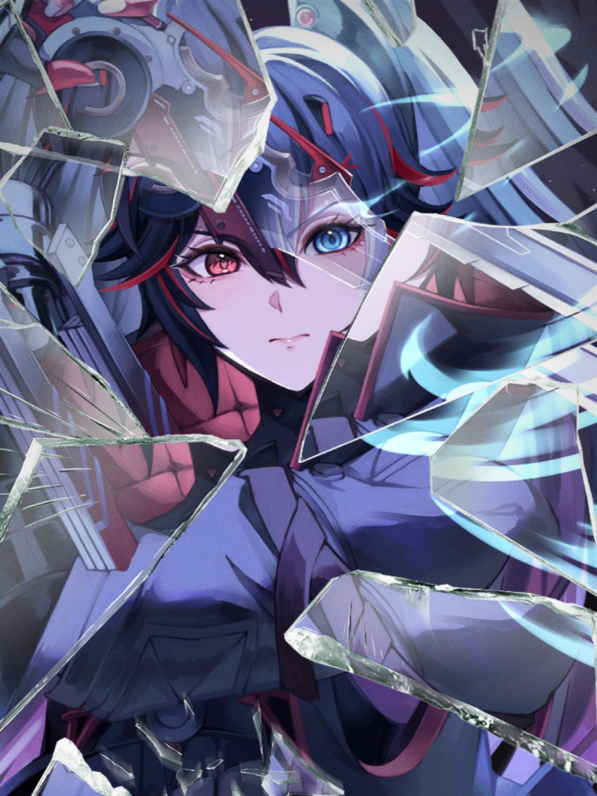 1girl app_filter black_hair black_jacket blue_eyes broken_glass commentary_request glass hair_ornament heterochromia highres holding holding_sword holding_weapon jacket long_hair long_sleeves lucia:_plume_(punishing:_gray_raven) lucia_(punishing:_gray_raven) mechanical_arms multicolored_hair parted_bangs punishing:_gray_raven red_eyes redhead sidelocks single_mechanical_arm solo streaked_hair sword toi_pngr twintails weapon