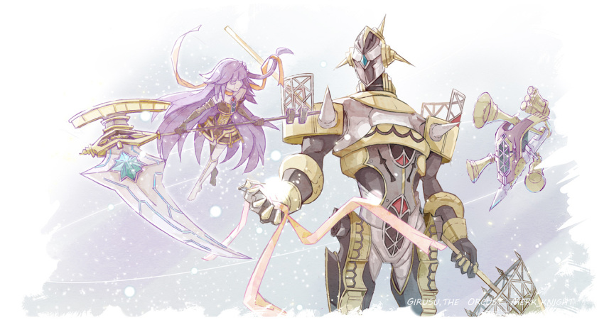 1boy 1girl android armor bare_shoulders closed_eyes dingirsu_the_orcust_of_the_evening_star duel_monster elbow_gloves facial_mark floating galatea_the_orcust_automaton gloves grey_skirt holding holding_polearm holding_scythe holding_weapon ib_(yu-gi-oh!) lance long_hair orcust_brass_bombard polearm purple_hair robot scythe shoulder_armor skirt tamago_(xyxk3743) very_long_hair weapon yu-gi-oh!