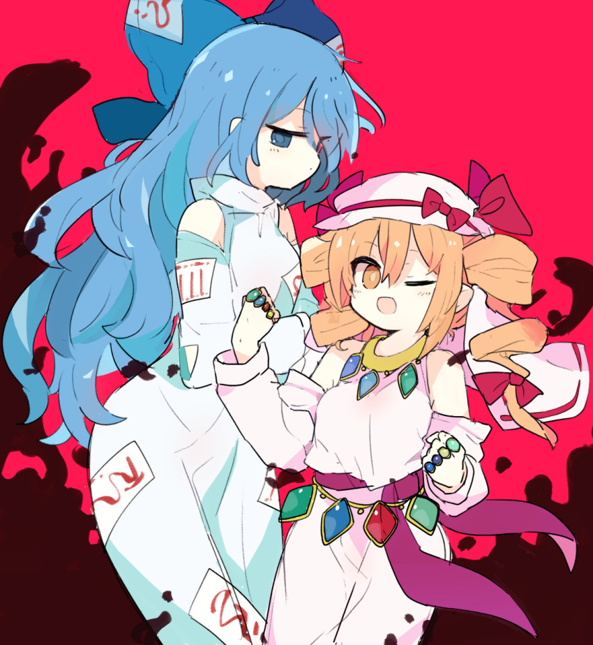 2girls 76gpo blue_bow blue_eyes blue_hair bow commentary_request dress drill_hair hair_bow hat hat_bow highres jewelry keffiyeh long_hair massakasama_(style) mob_cap multiple_girls official_alternate_costume open_mouth orange_eyes orange_hair pendant ring touhou touhou_gouyoku_ibun twin_drills very_long_hair wavy_hair white_dress yorigami_jo'on yorigami_shion