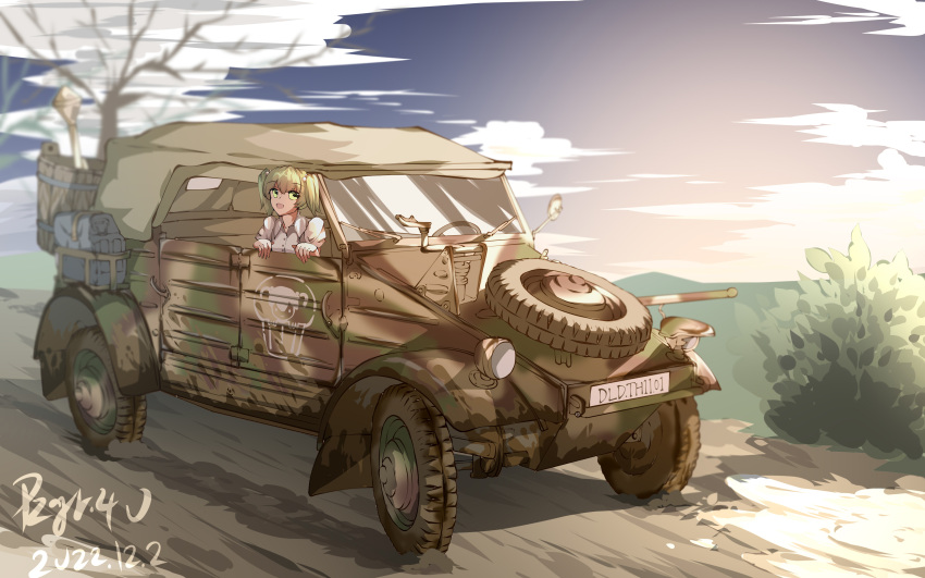 1girl absurdres bare_tree blurry blurry_background bush car chinese_commentary clouds commentary_request dated full_body green_hair highres kisume military_vehicle motor_vehicle outdoors pzgr.40 short_hair signature solo touhou tree vehicle_request wide_shot