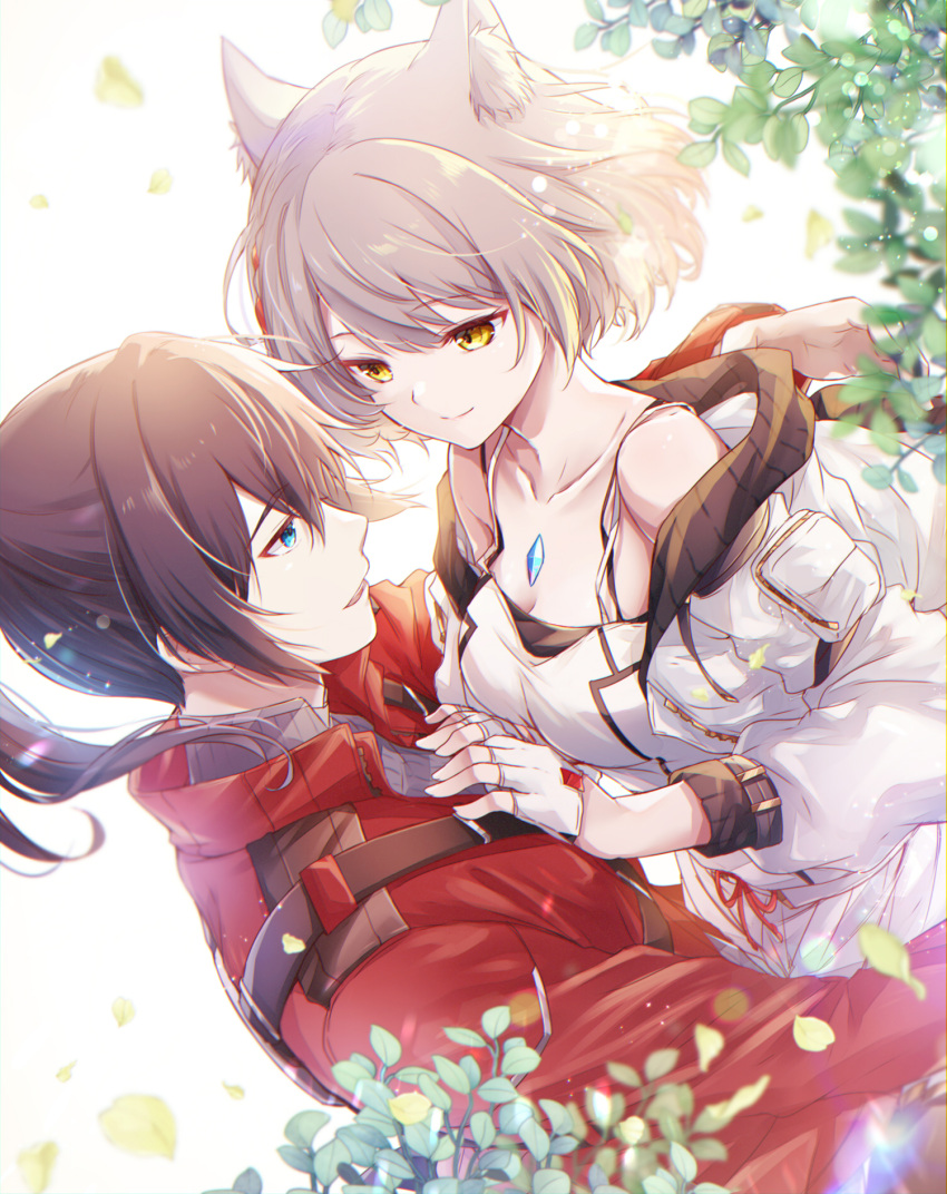 1boy 1girl animal_ear_fluff animal_ears bare_shoulders black_hair blue_eyes breasts cat_ears chest_jewel closed_mouth collarbone commentary_request core_crystal_(xenoblade) eye_contact fingerless_gloves floating_hair gloves grey_hair grey_sweater half_gloves highres jacket long_hair long_sleeves looking_at_another medium_breasts mio_(xenoblade) noah_(xenoblade) off_shoulder plant ponytail profile red_jacket ribbed_sweater shirt short_hair smile sweater swept_bangs ui_frara white_gloves white_jacket white_shirt xenoblade_chronicles_(series) xenoblade_chronicles_3 yellow_eyes